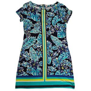 Hatley Dress Blue Floral Leafy Fronds Print Yellow Stripe Nellie Dress Size L/G